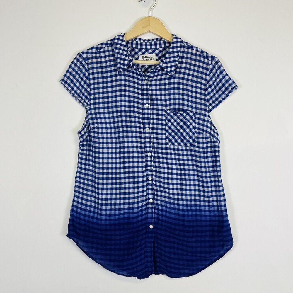 Holding Horses Western Blue Gingham Dip Dye Ombre Shirt Top Blouse Womens Sz 10
